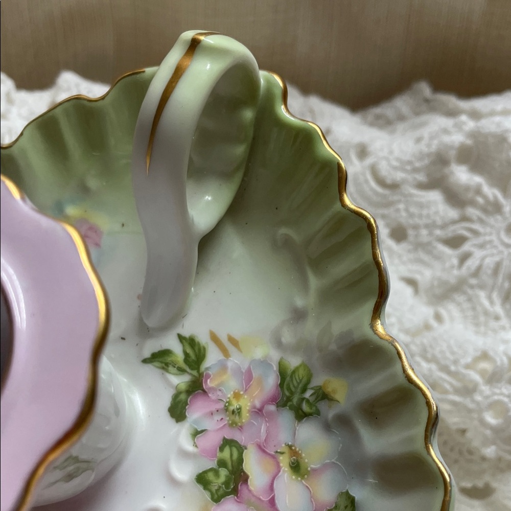Nippon Hand Painted Porcelain Pink & Green Floral Chamberstick Candle Holder - Picture 3 of 7